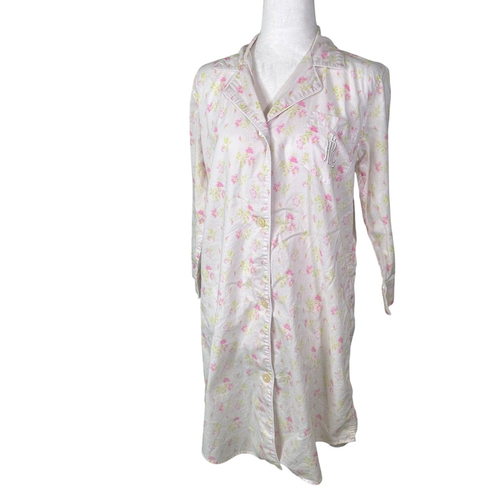 Ralph Lauren Womens Pink Floral Nightgown Button Up Long Sleeve Embroidered RL S - Picture 2 of 6